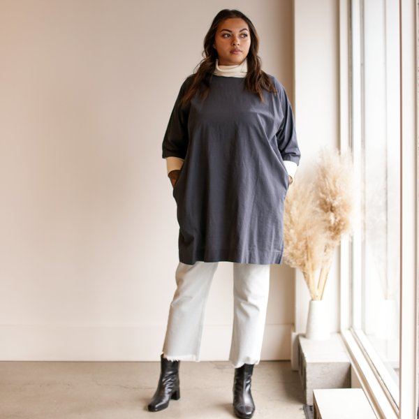 Uzi NYC Coarse Cotton Box Dress - Charcoal | Garmentory