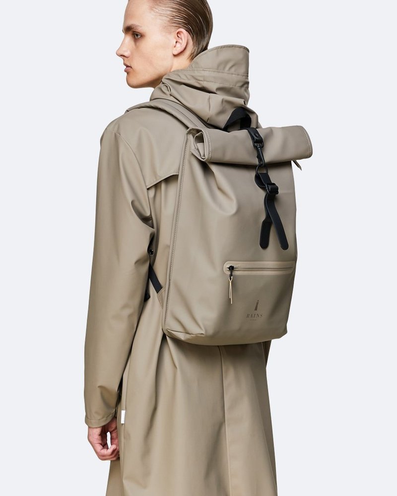 rains taupe backpack Mini key storage loop and a padded slip pocket for a 16 laptop Rains Rolltop Rucksack Backpack |