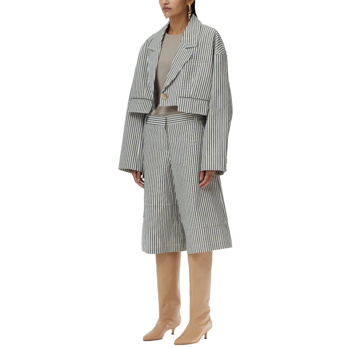 Tibi Railroad Denim Cropped Blazer Ivory/Black Multi Garmentory