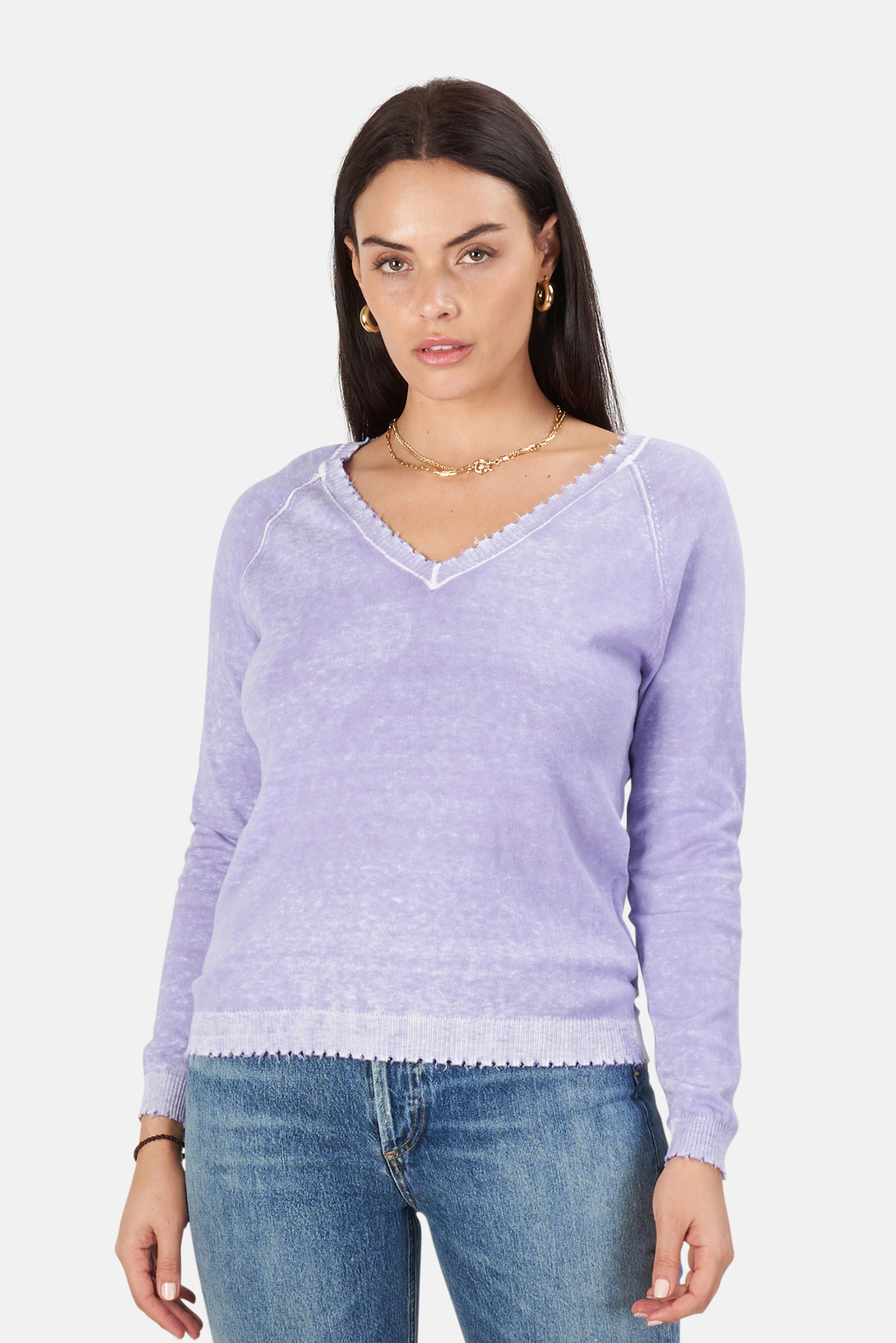 Minnie Rose Cotton/Cashmere Frayed V Neck Sweater - Lilac - Image 1 of 5