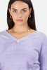 Minnie Rose Cotton/Cashmere Frayed V Neck Sweater - Lilac - Thumbnail 4