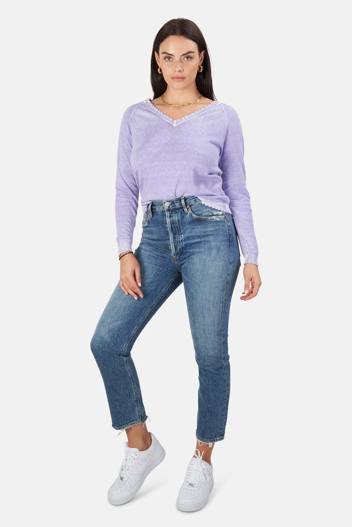 Minnie Rose Cotton/Cashmere Frayed V Neck Sweater - Lilac - Image 5 of 5