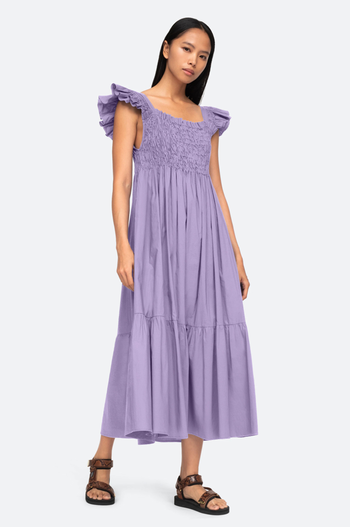 sea new york purple dress SEA NY Varsha Cotton Smocked Ruffle Dress