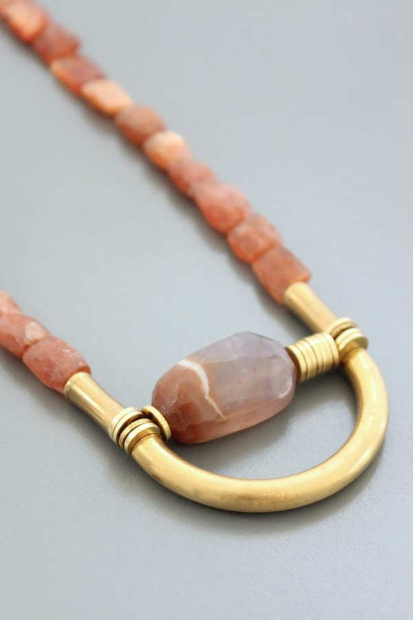 David Aubrey Inc Sunstone Beaded Necklace with Moonstone Pendant - Pink David Aubrey Inc Sunstone Beaded Necklace with Moonstone Pendant - Pink