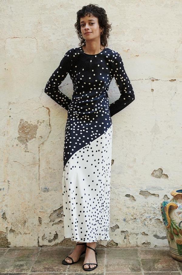Silk Laundry LONG SLEEVE TWO-TONE DRESS - BROKEN DOT | Garmentory