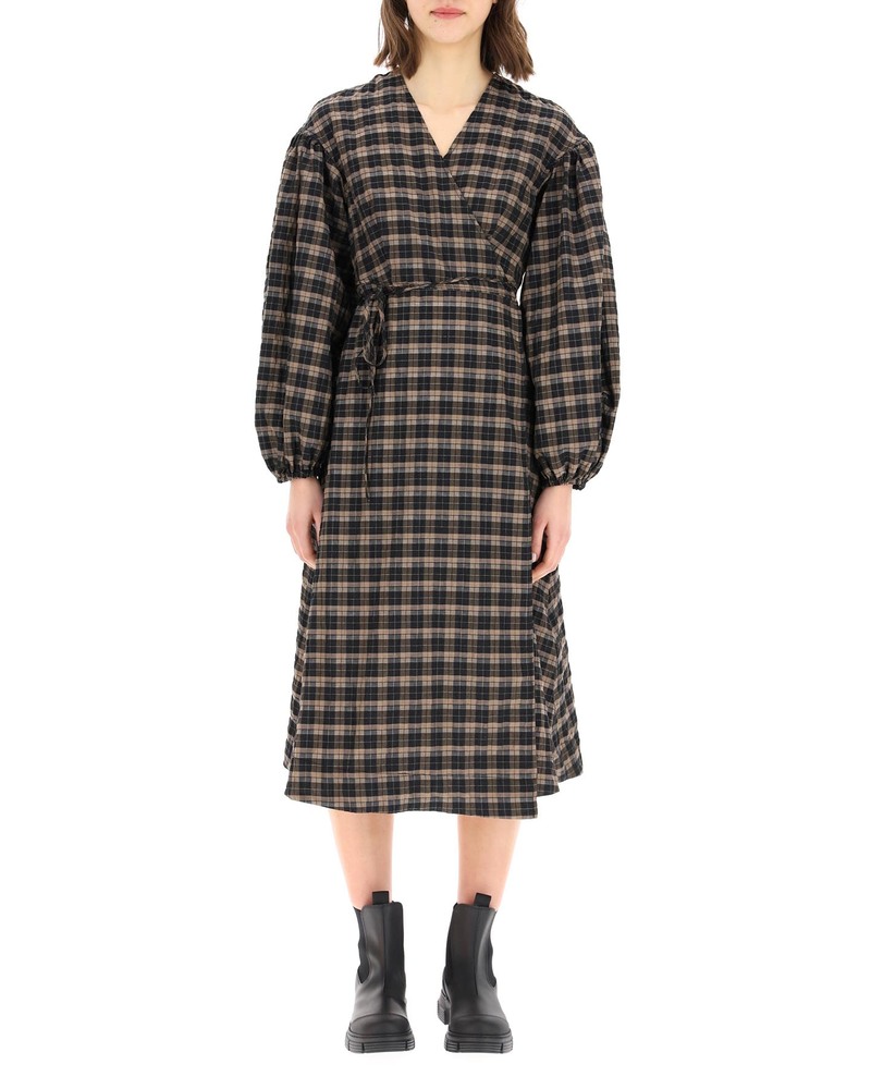 ★Ganni★ Stretch seersucker wrap dress Lovemotion F7663487 MUSINSA | GANNI Stretch Sicher Wrap Dress - Love Motion