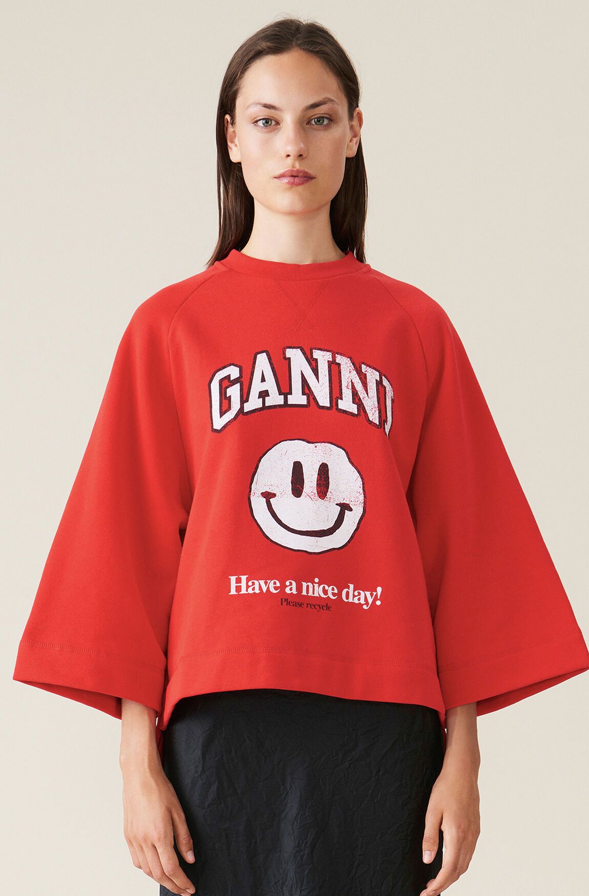 Ganni Isoli Oversized Raglan Smiley Sweatshirt Flame Scarlet