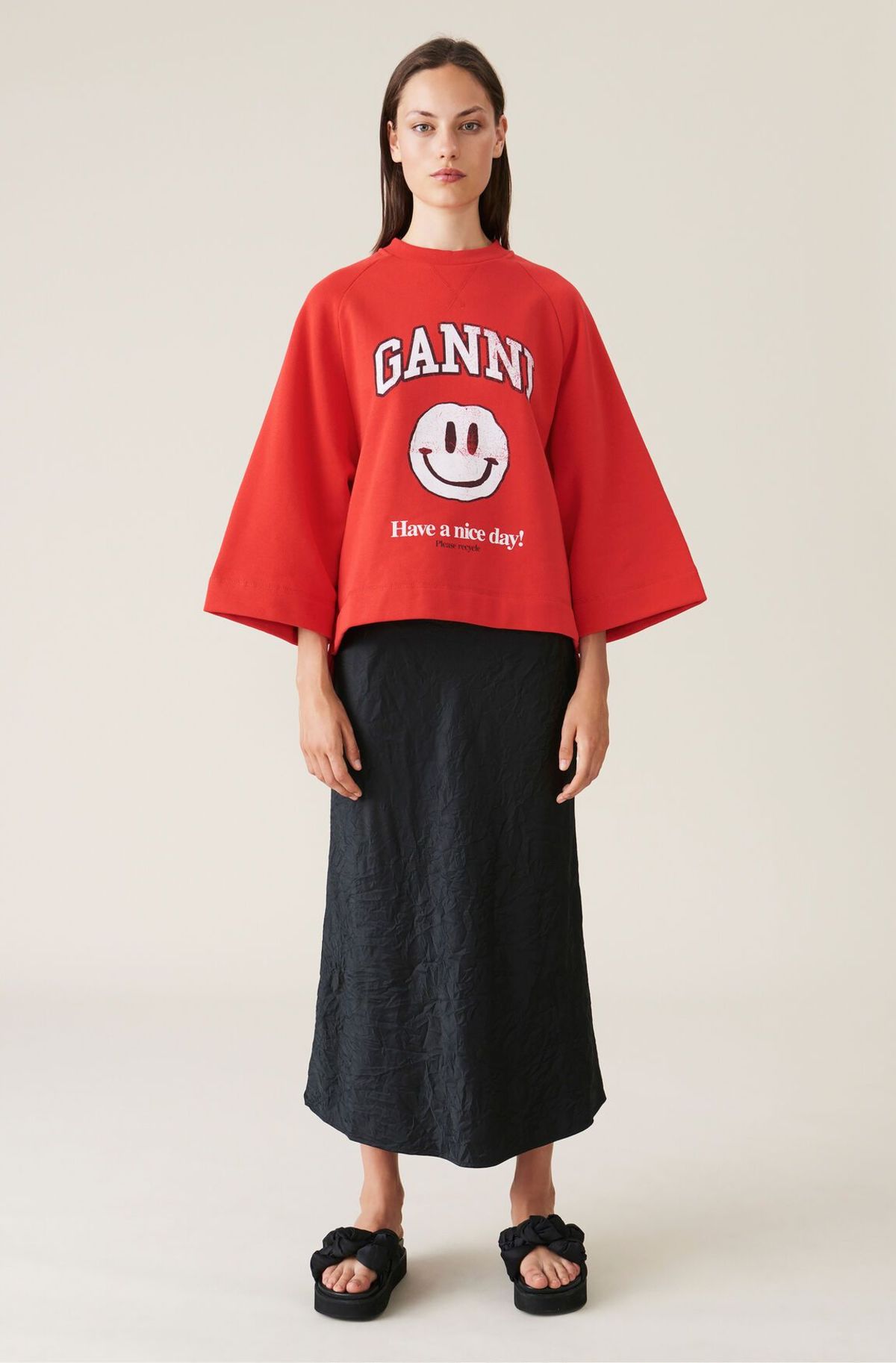 Ganni Isoli Oversized Raglan Smiley Sweatshirt Flame Scarlet