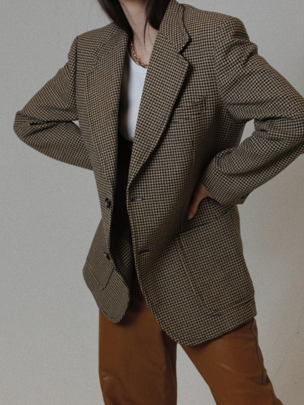 Veste Blazer Vintage Pied De Poule Années 80 Gaston Jaunet - Soie & Laine, Taille XL, Occasion Très Bon état
