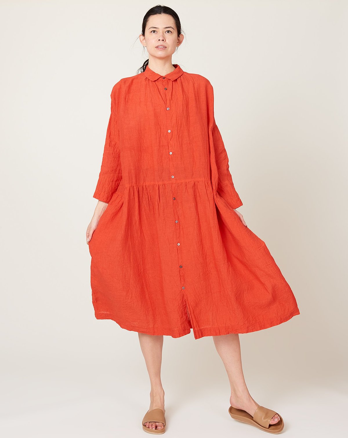 ICHI ANTIQUITES Color Linen Dress - Red | Garmentory