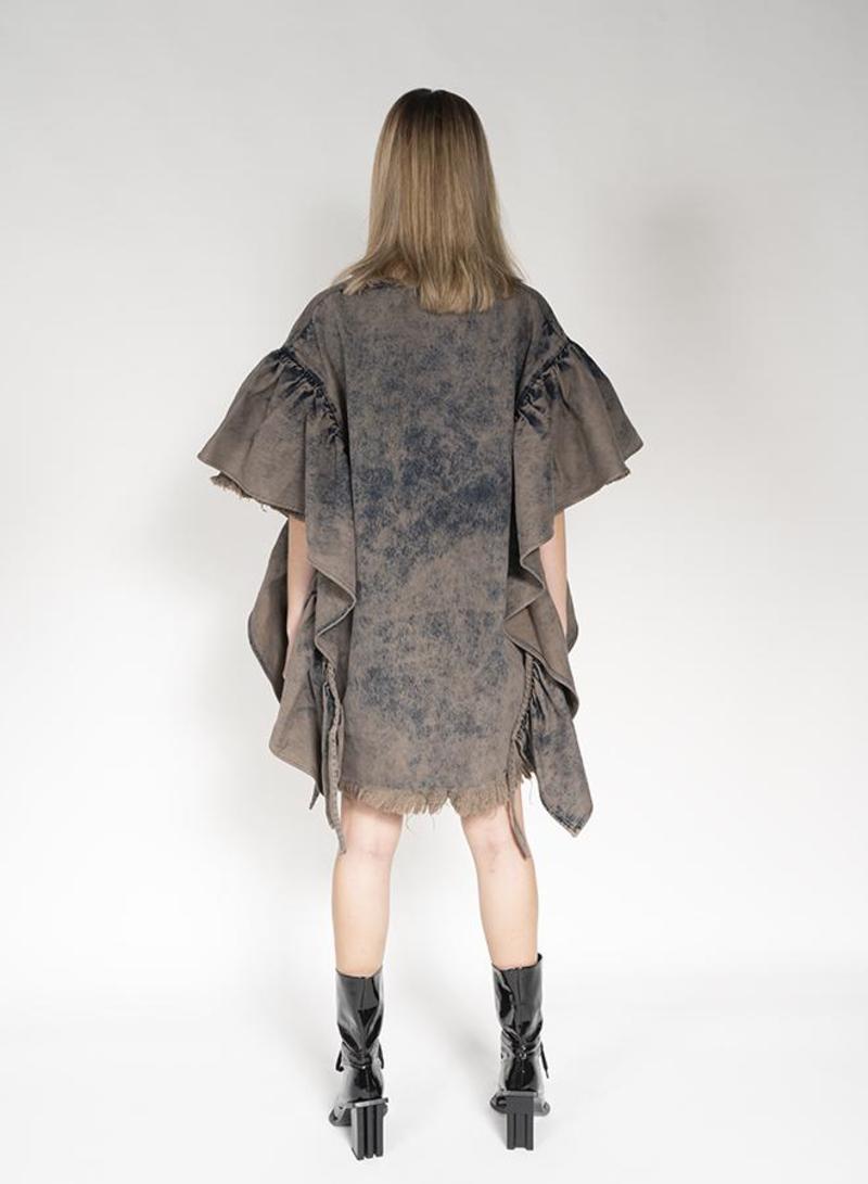 Oversized T shirt Dress with Flounced Sleeves - Khaki