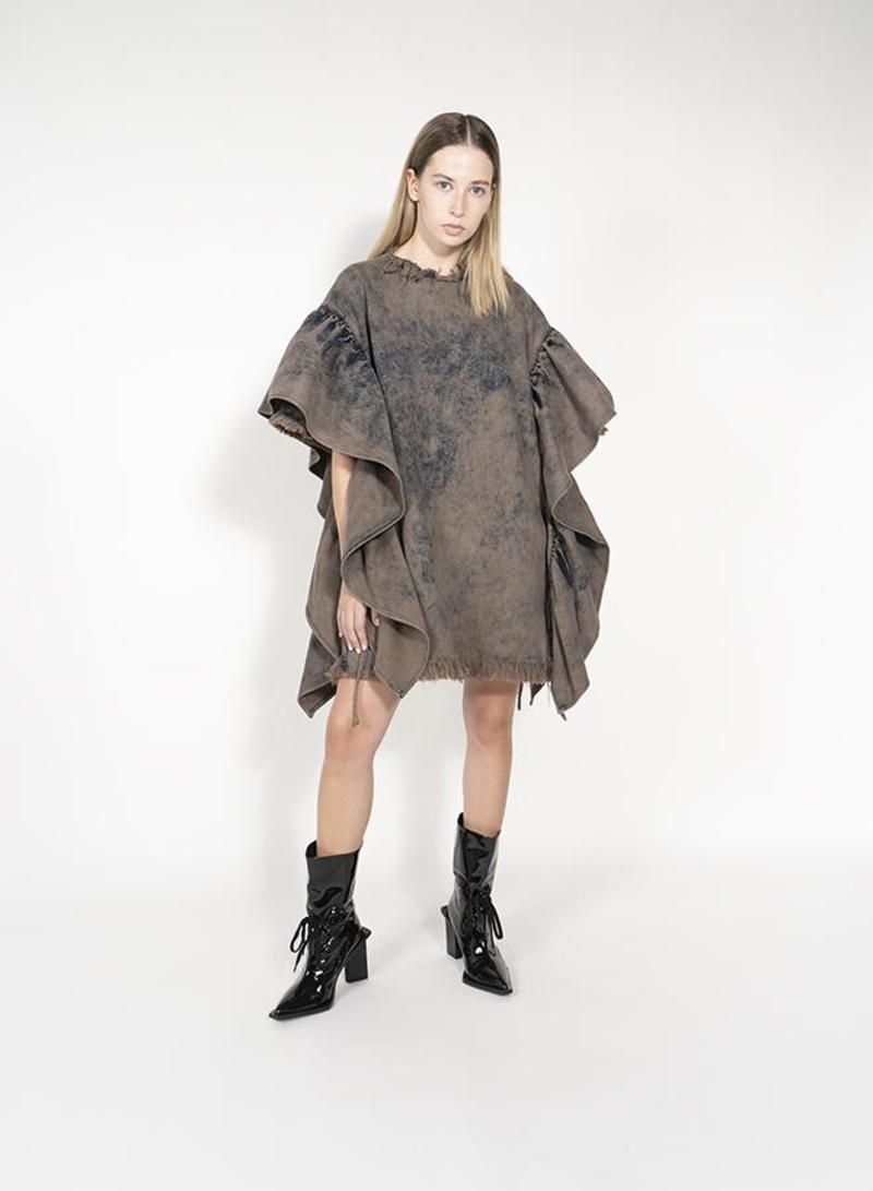 Oversized T shirt Dress with Flounced Sleeves - Khaki