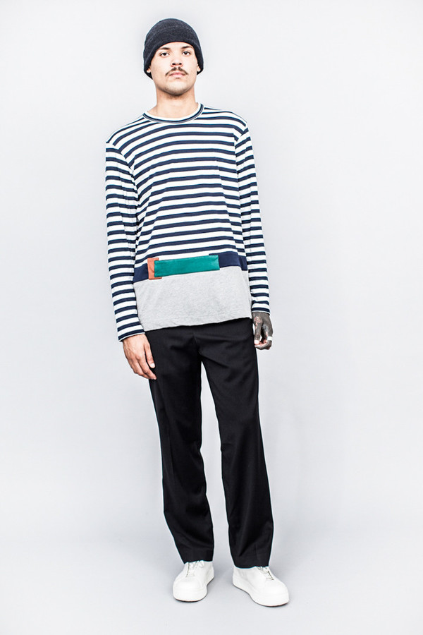 Comme des Garçons SHIRT Stripe Patchwork Cut-out L/S Tee | Garmentory