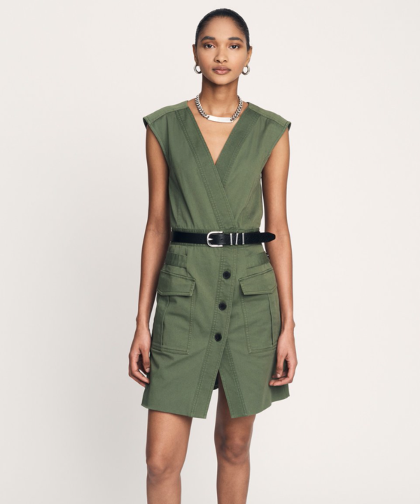 army green utility dress Olive Green Collared Sleeveless Utility Bodycon Mini Dress main image 1