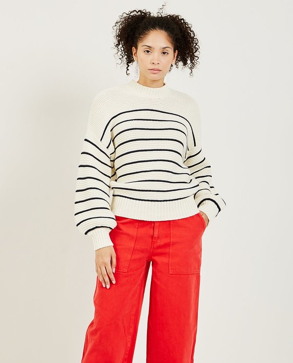 Alex Mill Button-Back Crewneck Sweater - Off White/Navy Alex Mill Button-Back Crewneck Sweater - Off White/Navy