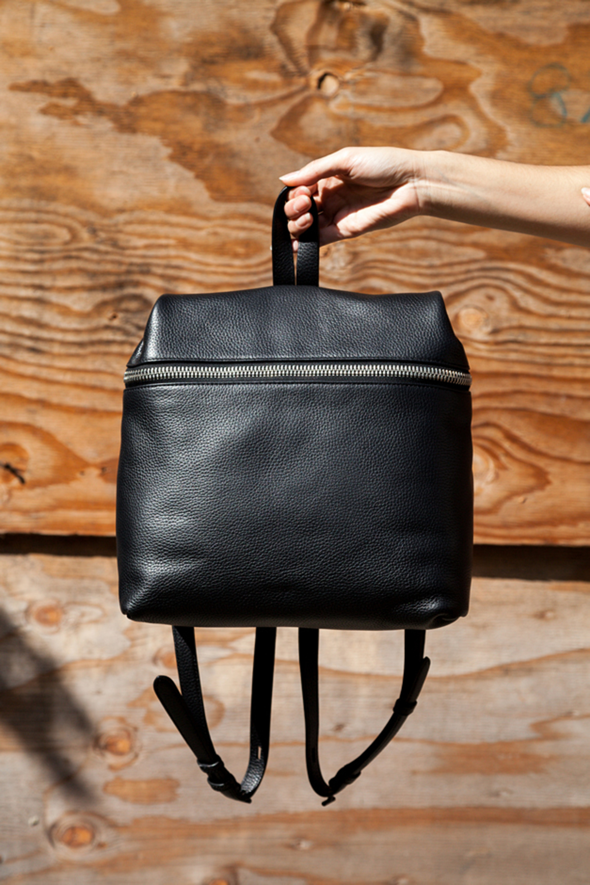 KARA Drawcord backpack in Black Pebbled Leather Kara Black Pebble Leather Backpack | Garmentory main image 3