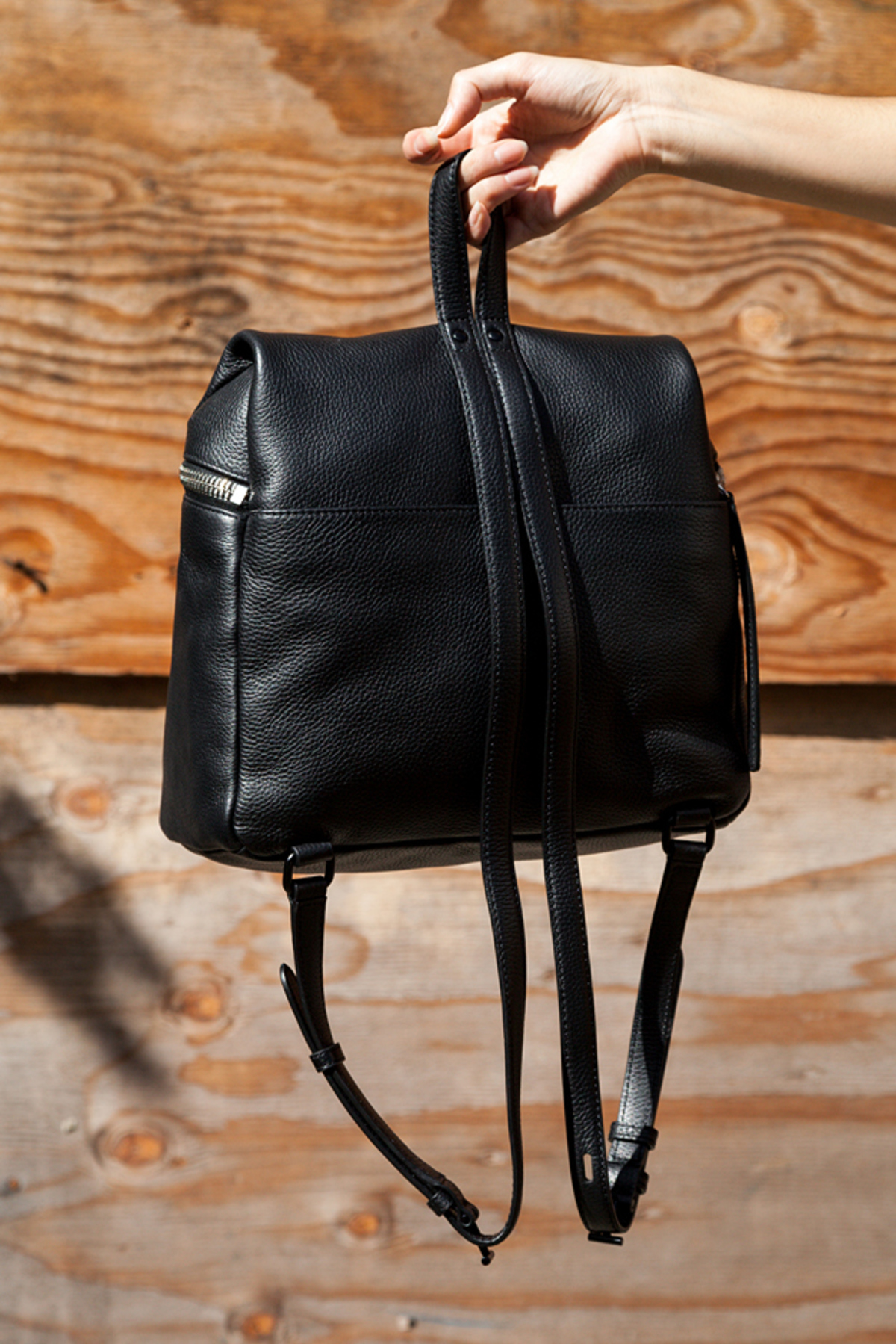 KARA Drawcord backpack in Black Pebbled Leather Kara Black Pebble Leather Backpack | Garmentory main image 2