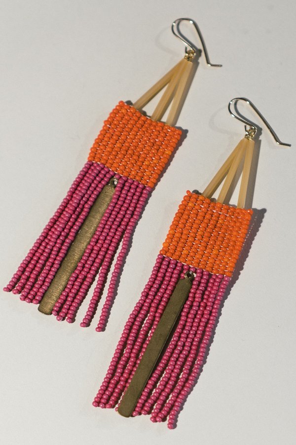 Lu in the Frey Fringe Earrings with Brass - Orange/Pink Lu in the Frey Fringe Earrings with Brass - Orange/Pink