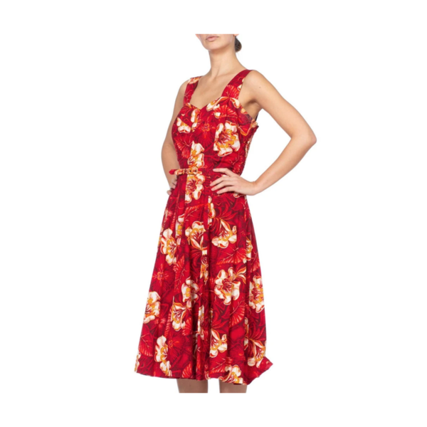 Vintage 1950S Morphew Tropical Cotton Rockabilly Hawaiian Floral Dress - Red Vintage 1950S Morphew Tropical Cotton Rockabilly Hawaiian Floral Dress - Red