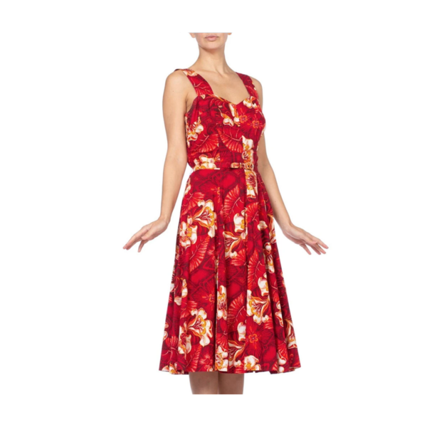Vintage 1950S Morphew Tropical Cotton Rockabilly Hawaiian Floral Dress - Red Vintage 1950S Morphew Tropical Cotton Rockabilly Hawaiian Floral Dress - Red