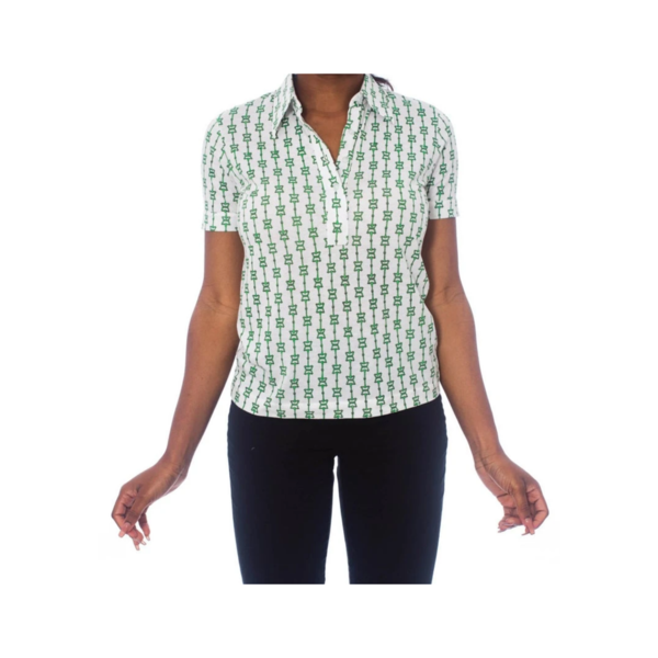 Vintage 1970S Morphew SAKS 5TH AVE GUCCI Style Cotton Jersey Status Print Polo Top Vintage 1970S Morphew SAKS 5TH AVE GUCCI Style Cotton Jersey Status Print Polo Top