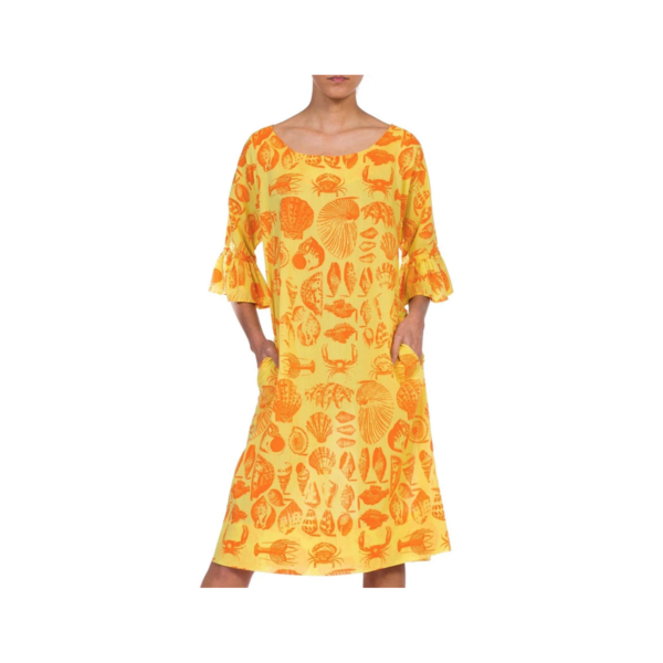 Vintage Morphew 1970S Cotton Blend Bright Seaside Seashell Print Dress - Yellow/Orange Vintage Morphew 1970S Cotton Blend Bright Seaside Seashell Print Dress - Yellow/Orange