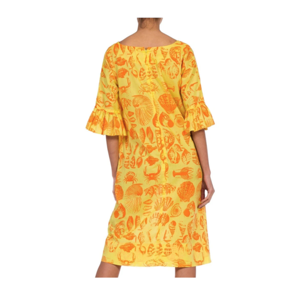 Vintage Morphew 1970S Cotton Blend Bright Seaside Seashell Print Dress - Yellow/Orange Vintage Morphew 1970S Cotton Blend Bright Seaside Seashell Print Dress - Yellow/Orange