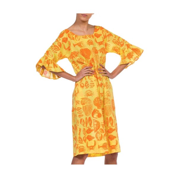 Vintage Morphew 1970S Cotton Blend Bright Seaside Seashell Print Dress - Yellow/Orange Vintage Morphew 1970S Cotton Blend Bright Seaside Seashell Print Dress - Yellow/Orange