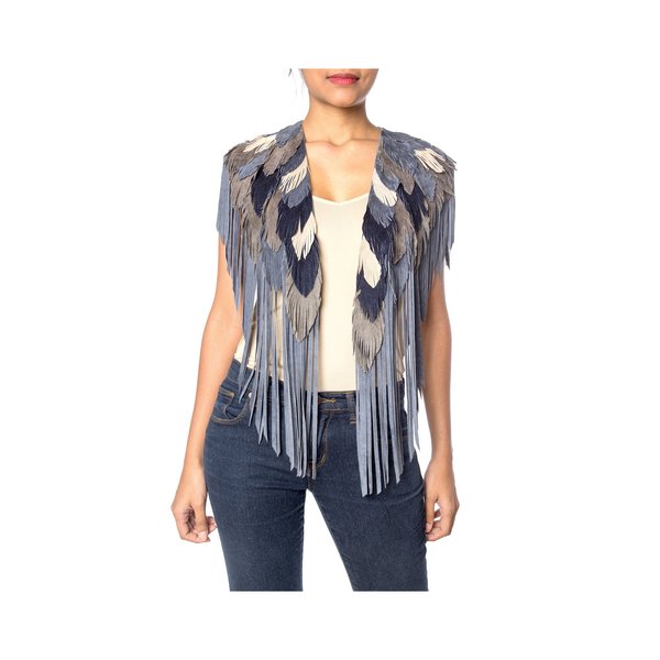 MORPHEW COLLECTION Suede Feather Leather Cape - Blue MORPHEW COLLECTION Suede Feather Leather Cape - Blue