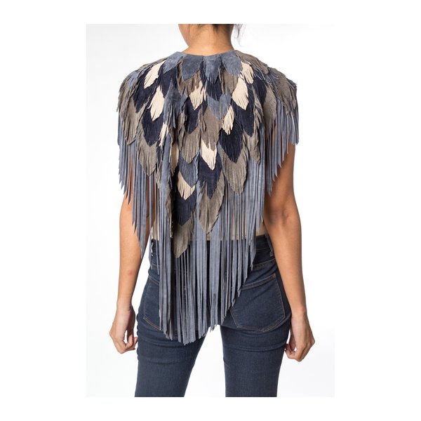 MORPHEW COLLECTION Suede Feather Leather Cape - Blue MORPHEW COLLECTION Suede Feather Leather Cape - Blue