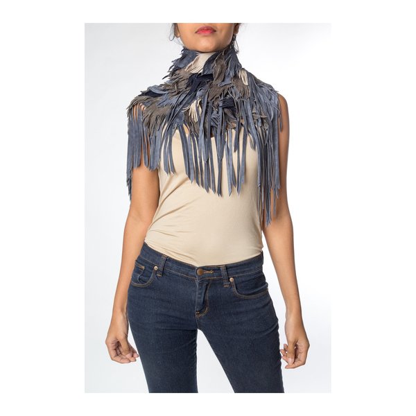 MORPHEW COLLECTION Suede Feather Leather Cape - Blue MORPHEW COLLECTION Suede Feather Leather Cape - Blue