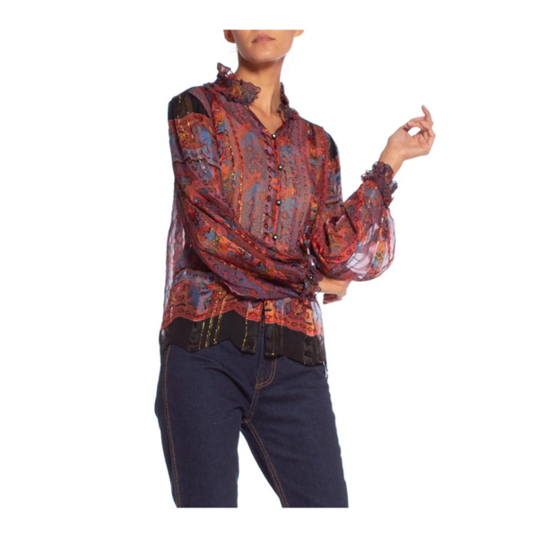 VINTAGE 1970'S NEIMAN MARCUS Paisley Silk Lurex Chiffon Sheer Blouse - red VINTAGE 1970'S NEIMAN MARCUS Paisley Silk Lurex Chiffon Sheer Blouse - red