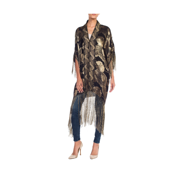 MORPHEW COLLECTION Floral Gold Lamé Kimono With Antique Trim & Silk Fringe MORPHEW COLLECTION Floral Gold Lamé Kimono With Antique Trim & Silk Fringe