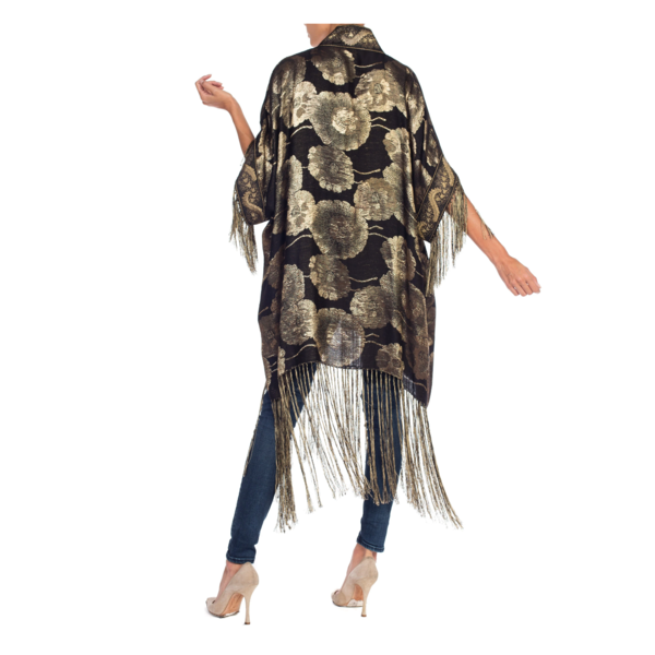 MORPHEW COLLECTION Floral Gold Lamé Kimono With Antique Trim & Silk Fringe MORPHEW COLLECTION Floral Gold Lamé Kimono With Antique Trim & Silk Fringe