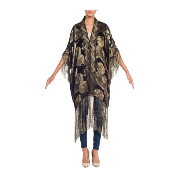 MORPHEW COLLECTION Floral Gold Lamé Kimono With Antique Trim & Silk Fringe MORPHEW COLLECTION Floral Gold Lamé Kimono With Antique Trim & Silk Fringe