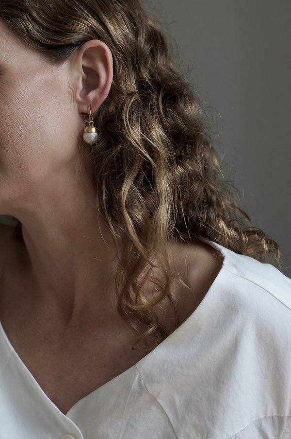 Asymmetric Pearl Drop Hoops, Gold Asymmetric Pearl Drop Hoops, Gold