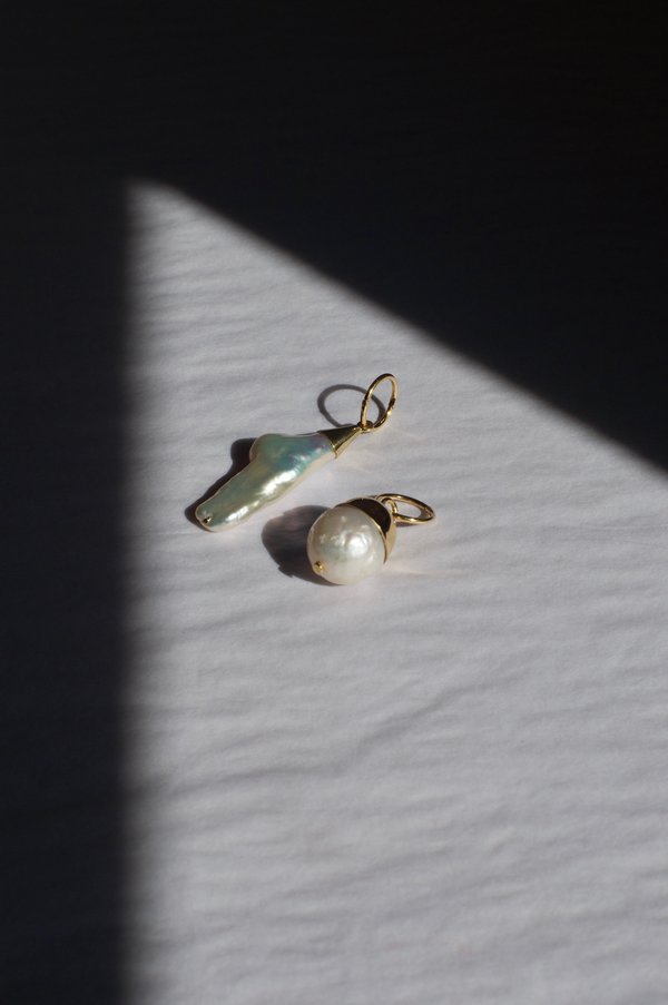 Asymmetric Pearl Drop Hoops, Gold Asymmetric Pearl Drop Hoops, Gold
