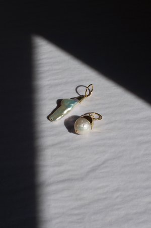 Asymmetric Pearl Drop Hoops, Gold Asymmetric Pearl Drop Hoops, Gold
