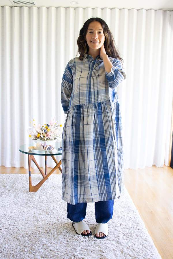 Ichi Antiquits Indigo Linen Check Dress - Natural | Garmentory