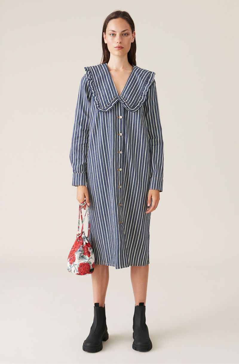 Ganni Mixed Stripe Denim Loose Fit Shirt Dress - Dark Indigo | Garmentory Ganni Mixed Stripe Denim Loose Fit Shirt Dress - Dark Indigo | Garmentory