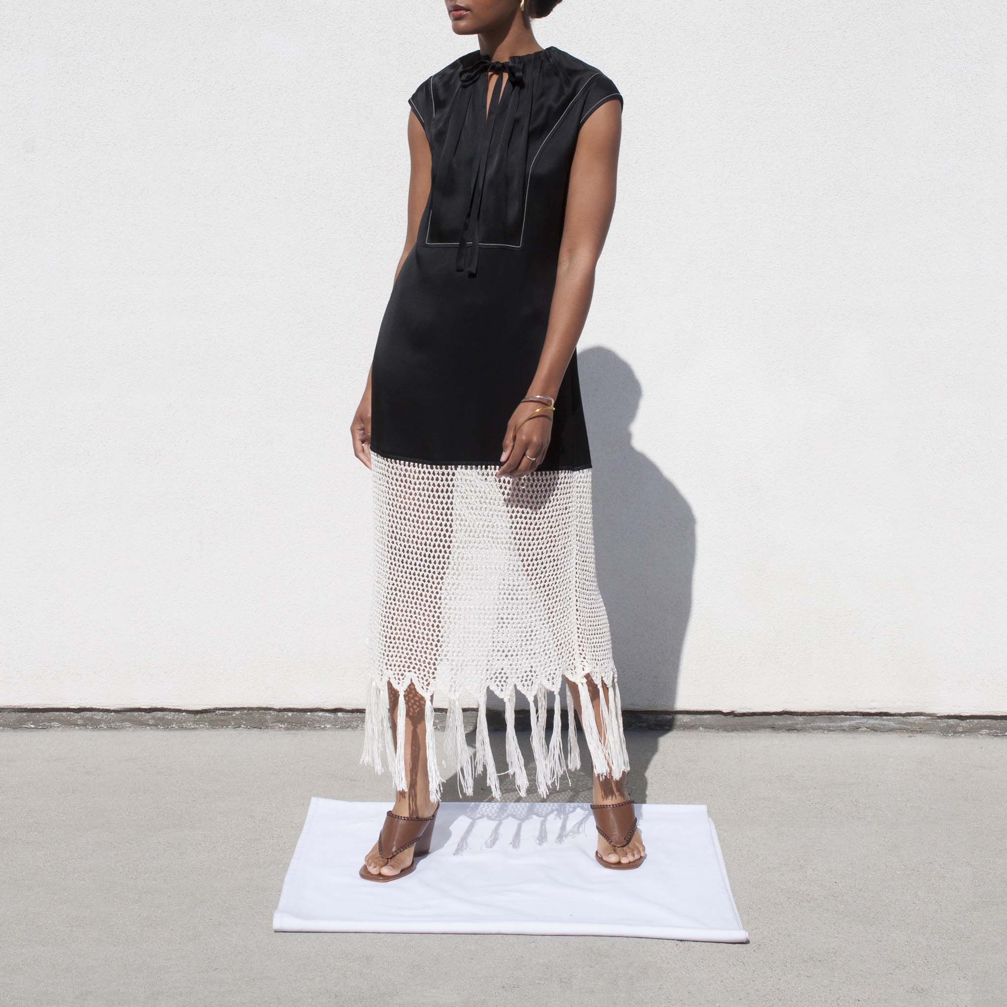 Wales Bonner Lucia Gathered Crochet Dress - Black/White | Garmentory
