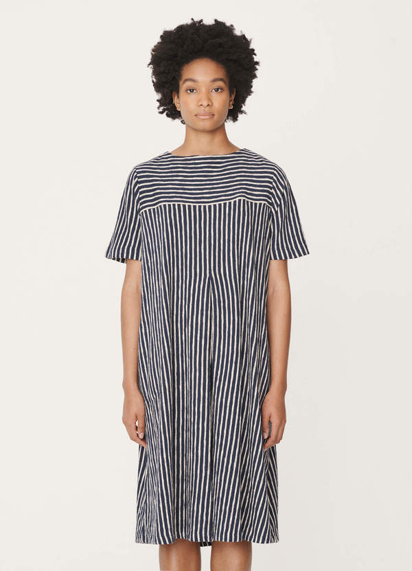 YMC Big Pleat Cotton Jersey Dress - Navy/Ecru | Garmentory YMC Big Pleat Cotton Jersey Dress - Navy/Ecru | Garmentory
