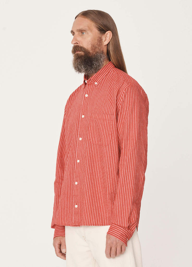 YMC Dean Cotton Linen Stripe Shirt - Red | Garmentory