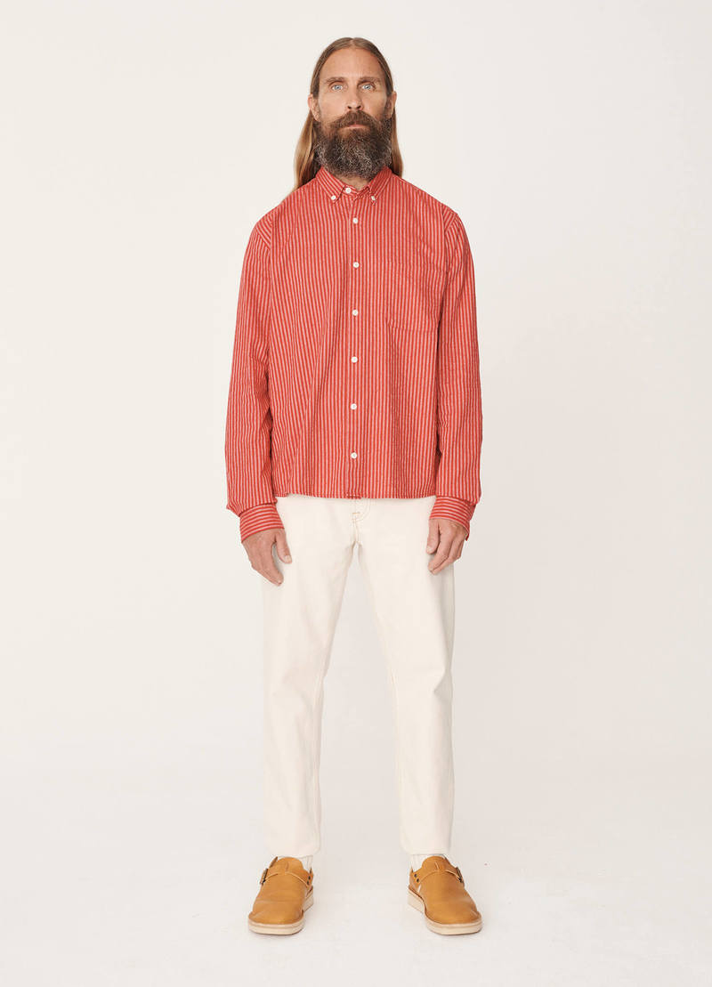 ymc★ YMC Dean Cotton Linen Stripe Shirt - Red | Garmentory