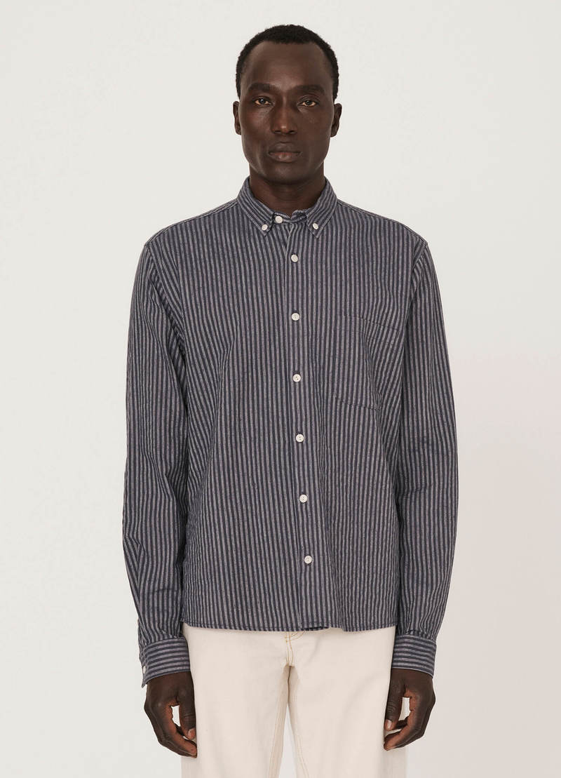 ymc★ YMC Dean Cotton Linen Stripe Shirt - Navy | Garmentory