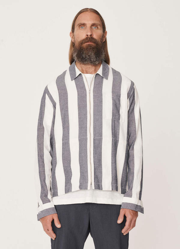 YMCページ YMC Bowie Cotton Linen Stripe Zip Shirt - Blue | Garmentory