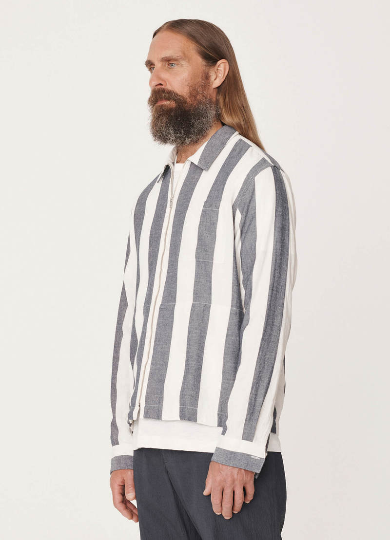 YMC Bowie Cotton Linen Stripe Zip Shirt - Blue | Garmentory