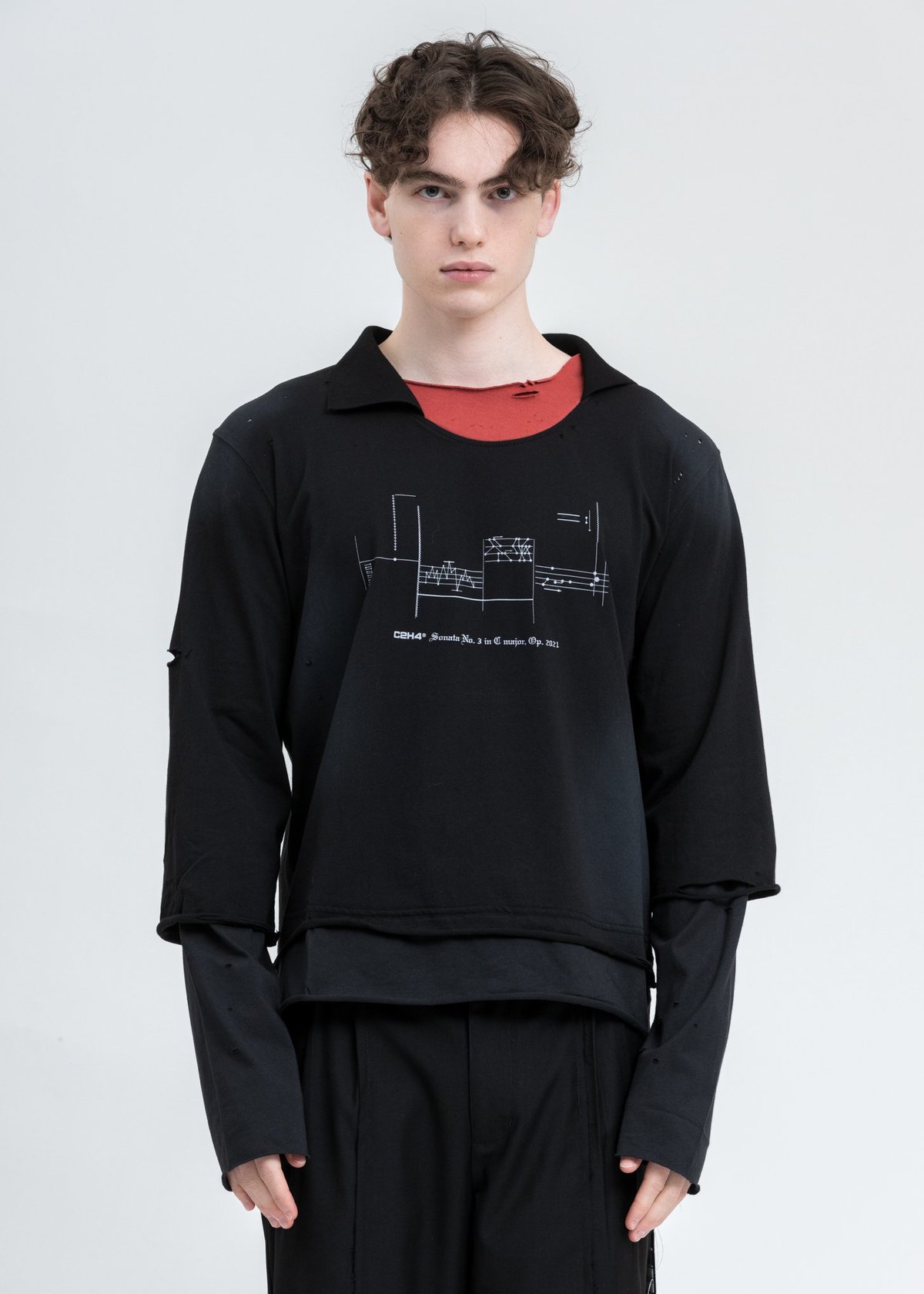 C2H4 Panelled Distressed Double Layer Long Sleeve - Black/Grey - Image 1 of 5