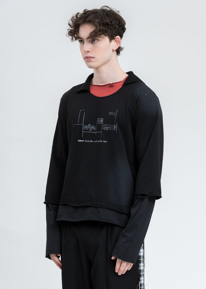 C2H4 Panelled Distressed Double Layer Long Sleeve - Black/Grey