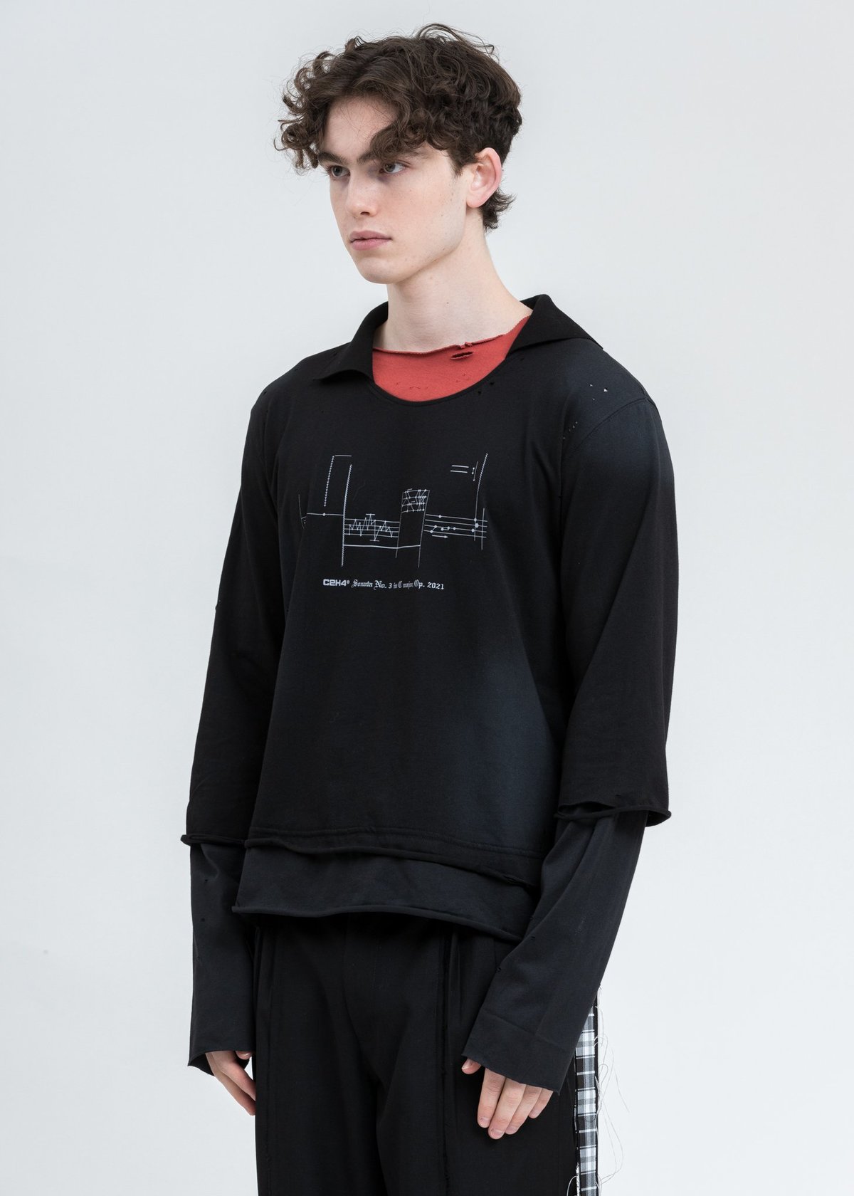 C2H4 Panelled Distressed Double Layer Long Sleeve - Black/Grey - Image 3 of 5